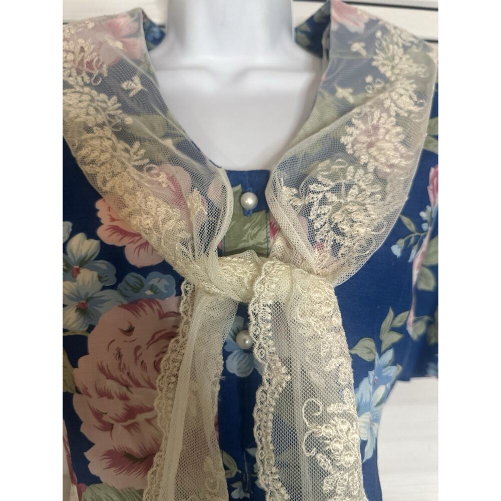 VTG 90s Karen Stevens Romantic Floral Midi Dress Lace Tie Sailor Collar Modest M - Picture 16 of 16